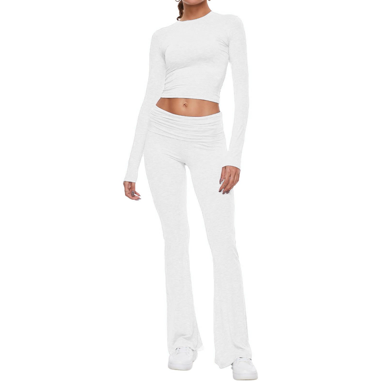 thumbnail image 5 of Conjunto de 2 piezas para mujer: top corto de manga larga y pantalones acampanados, cintura elástica, poliéster/spandex, tallas XS-L para uso informal/vacaciones, 5 of 5